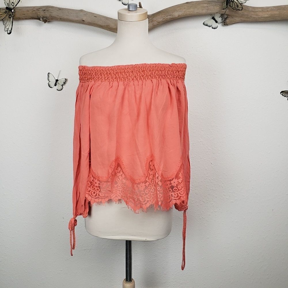 U. Style coral off shoulder boho lace hem top